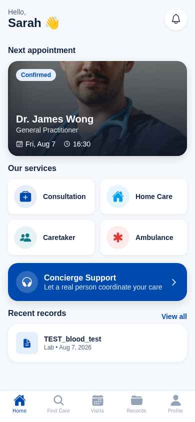 RAWAT patient homepage showing an appointment, healthcare services, concierge support and recent records
